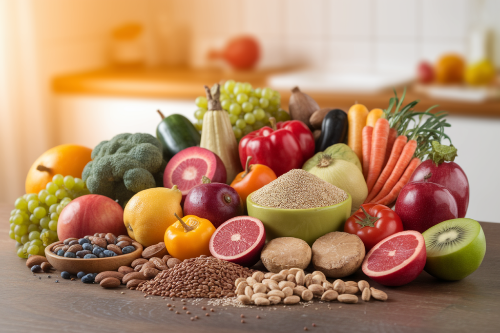 aliments-sains-table-bois-fruits-legumes