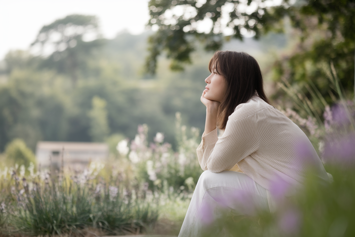 femme-assise-jardin-paisible-regard-tourne