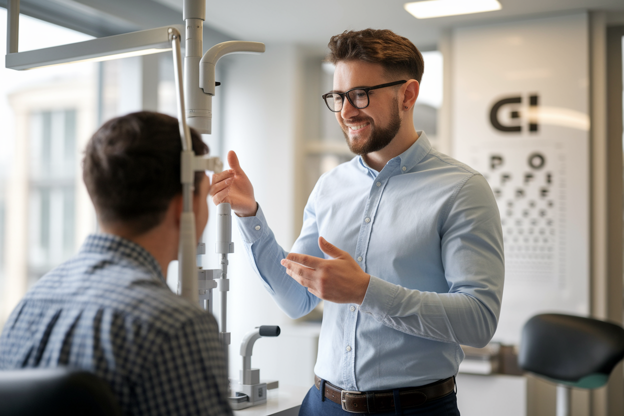 opticien-patient-tableau-yeux-bureau