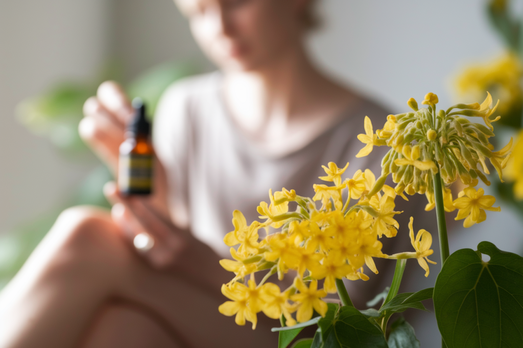 personne-floue-bouteille-fleurs-jaunes