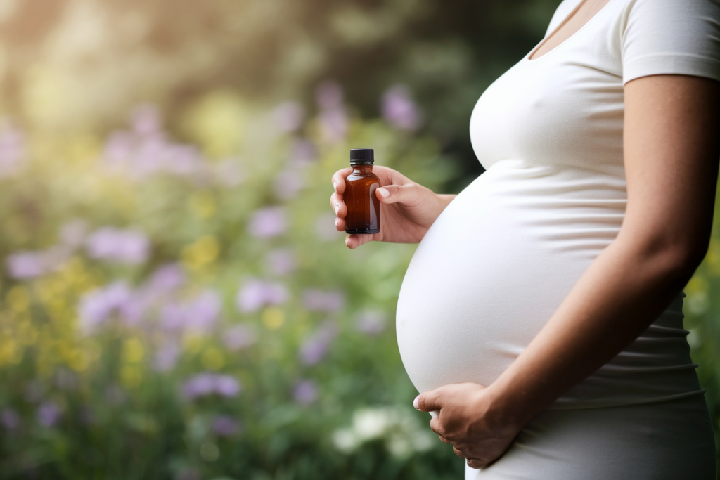 femme-enceinte-flacon-homeopathique-jardin-fleuri