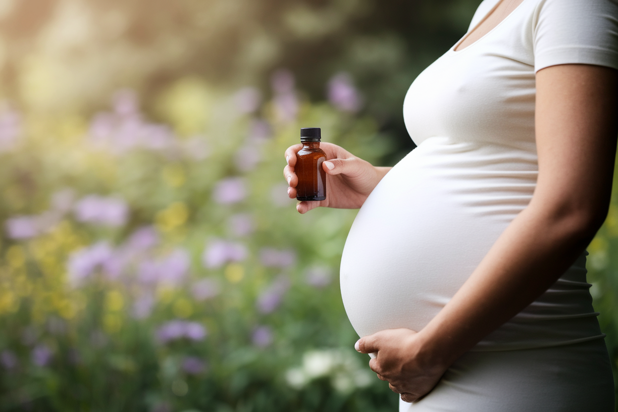 femme-enceinte-flacon-homeopathique-jardin-fleuri