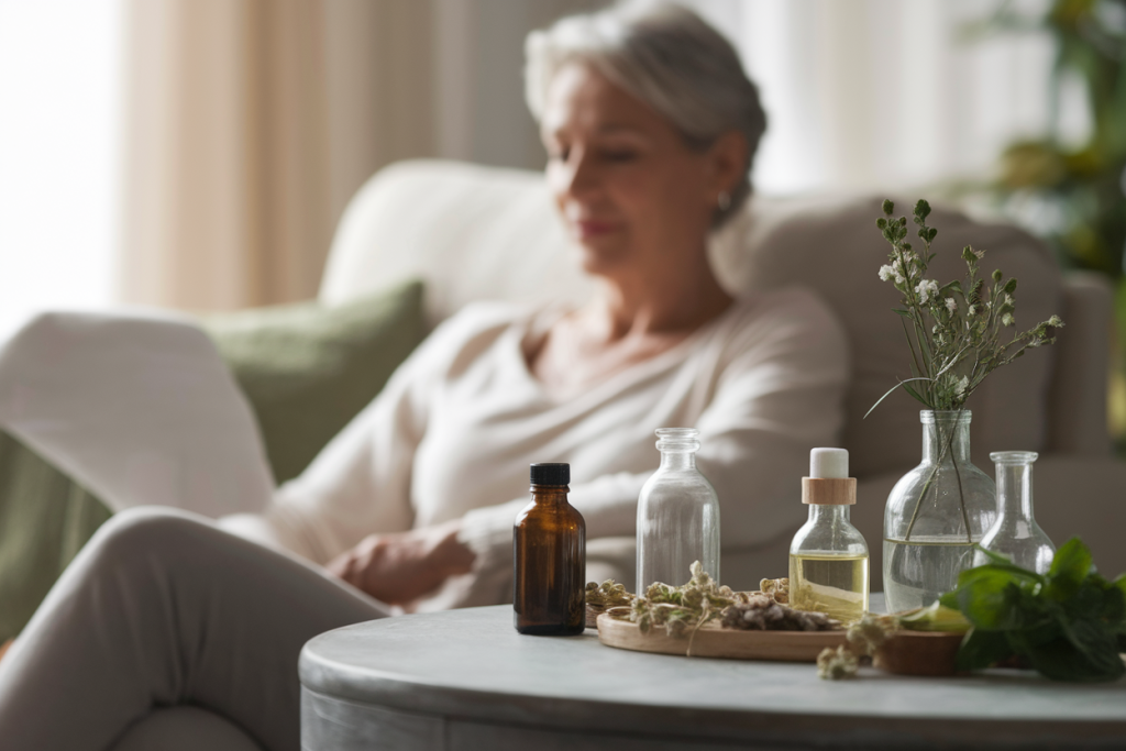 femme-mature-salon-bouteilles-herbes