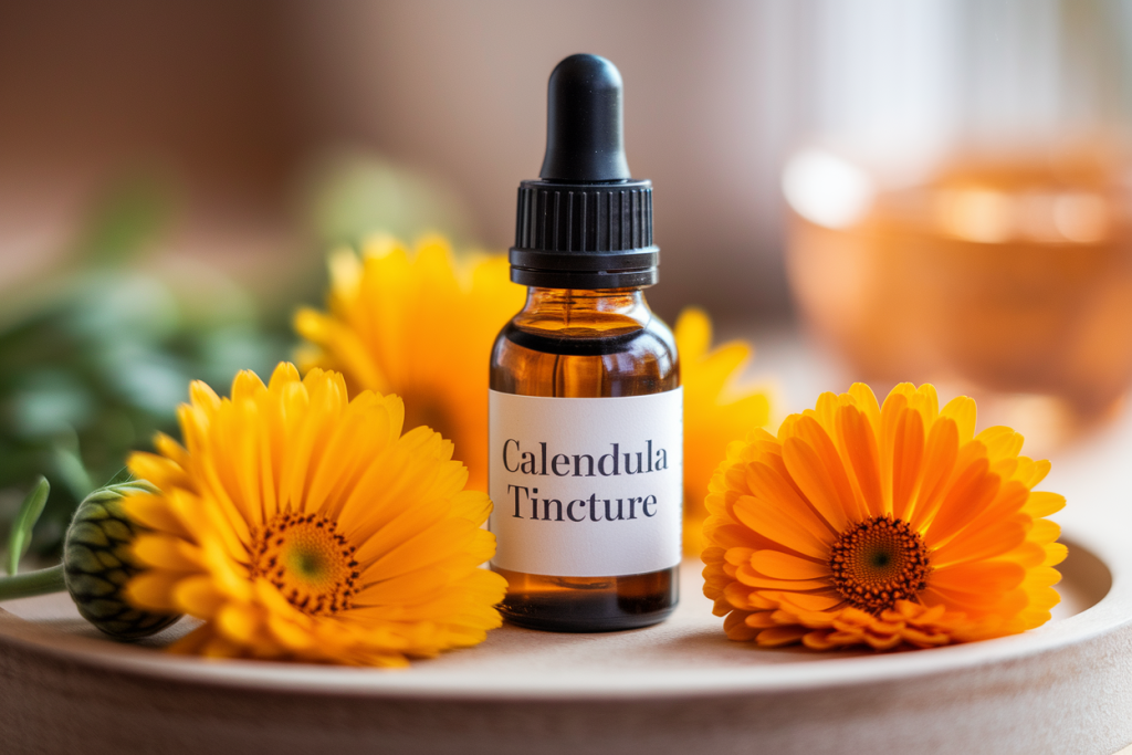 flacon-calendula-fleurs-jaunes-fond-flou
