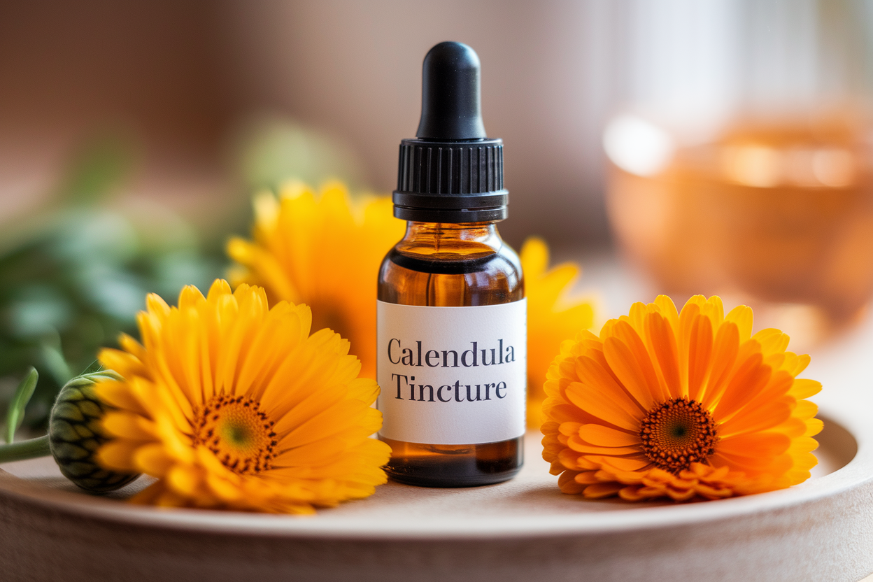 flacon-calendula-fleurs-jaunes-fond-flou