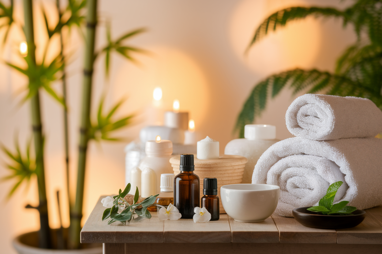 salle-spa-huiles-serviettes-plantes