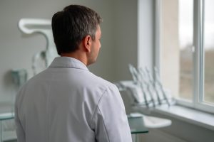 dentiste-blouse-blanche-regarde-fenetre