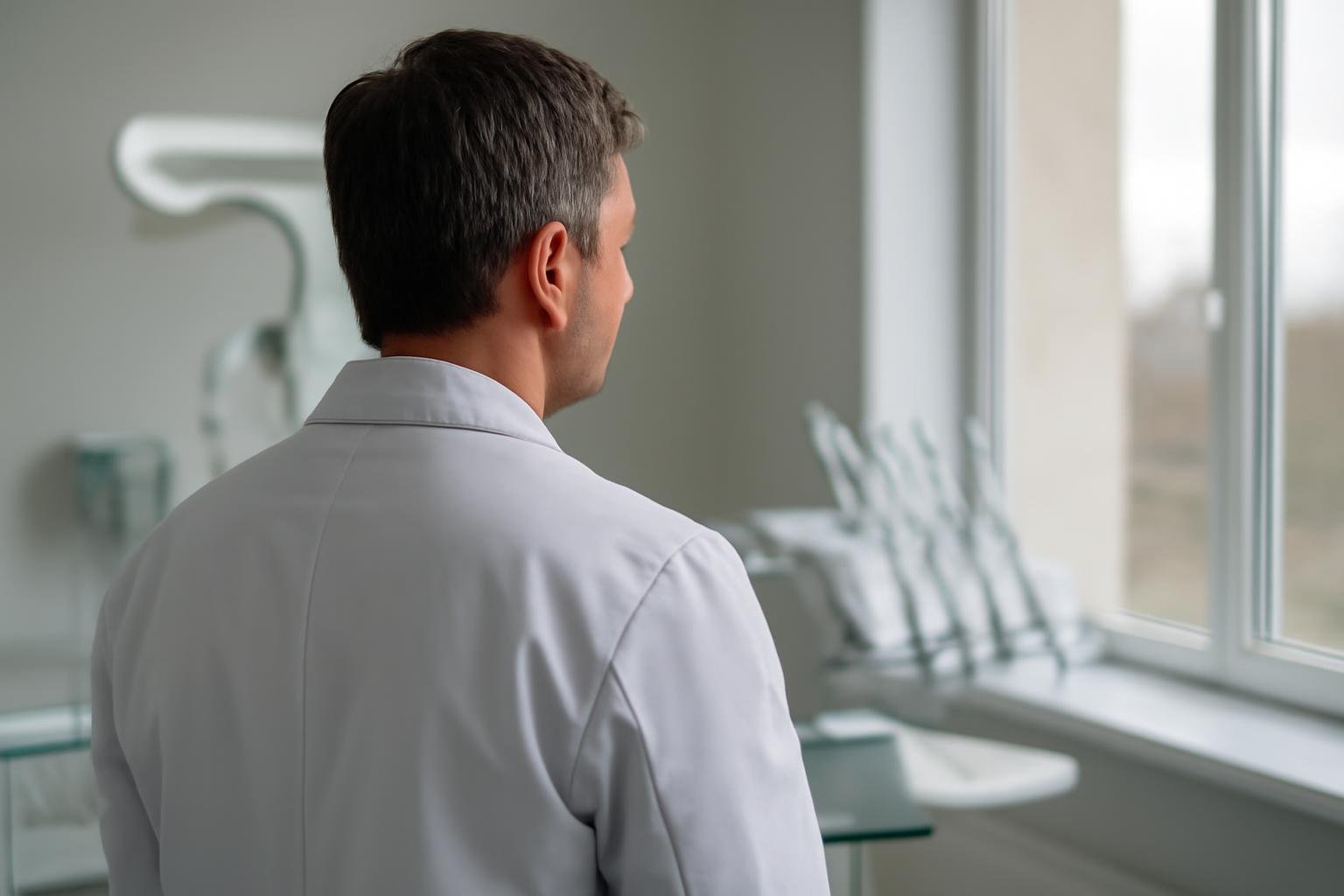 dentiste-blouse-blanche-regarde-fenetre