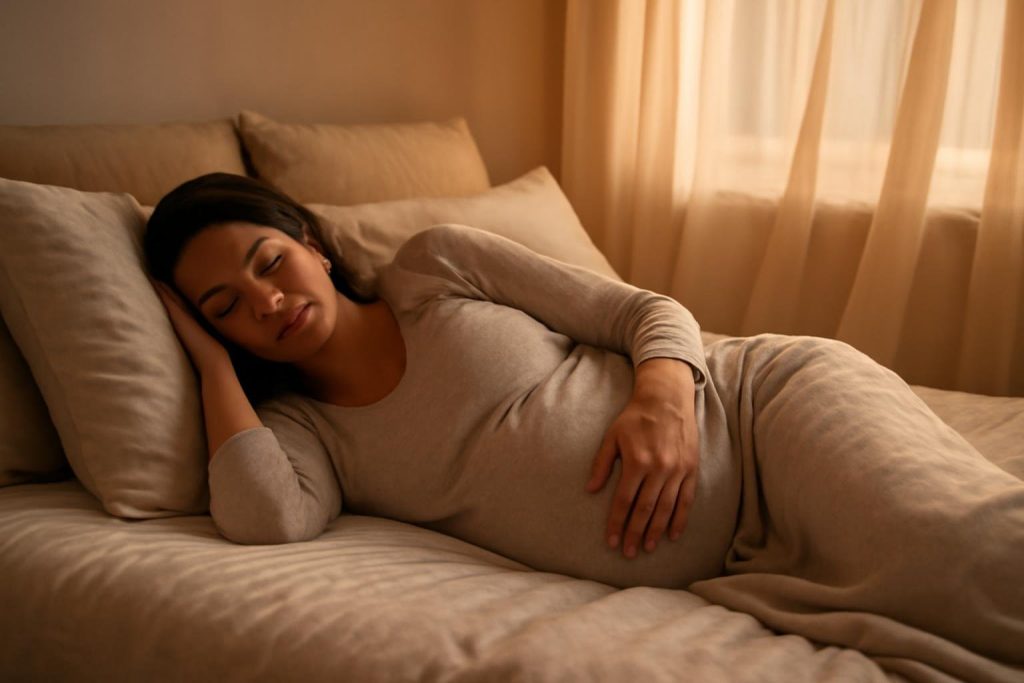 femme-enceinte-lit-oreillers-lumiere-douce