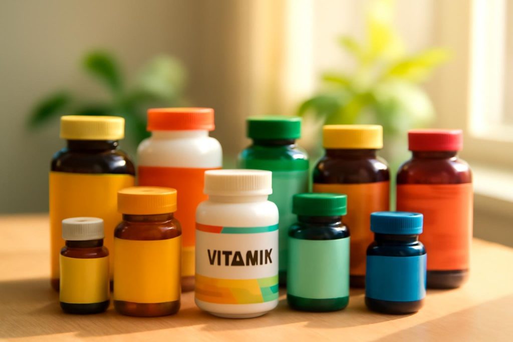 table-bouteilles-vitamines-couleurs-lumineuses