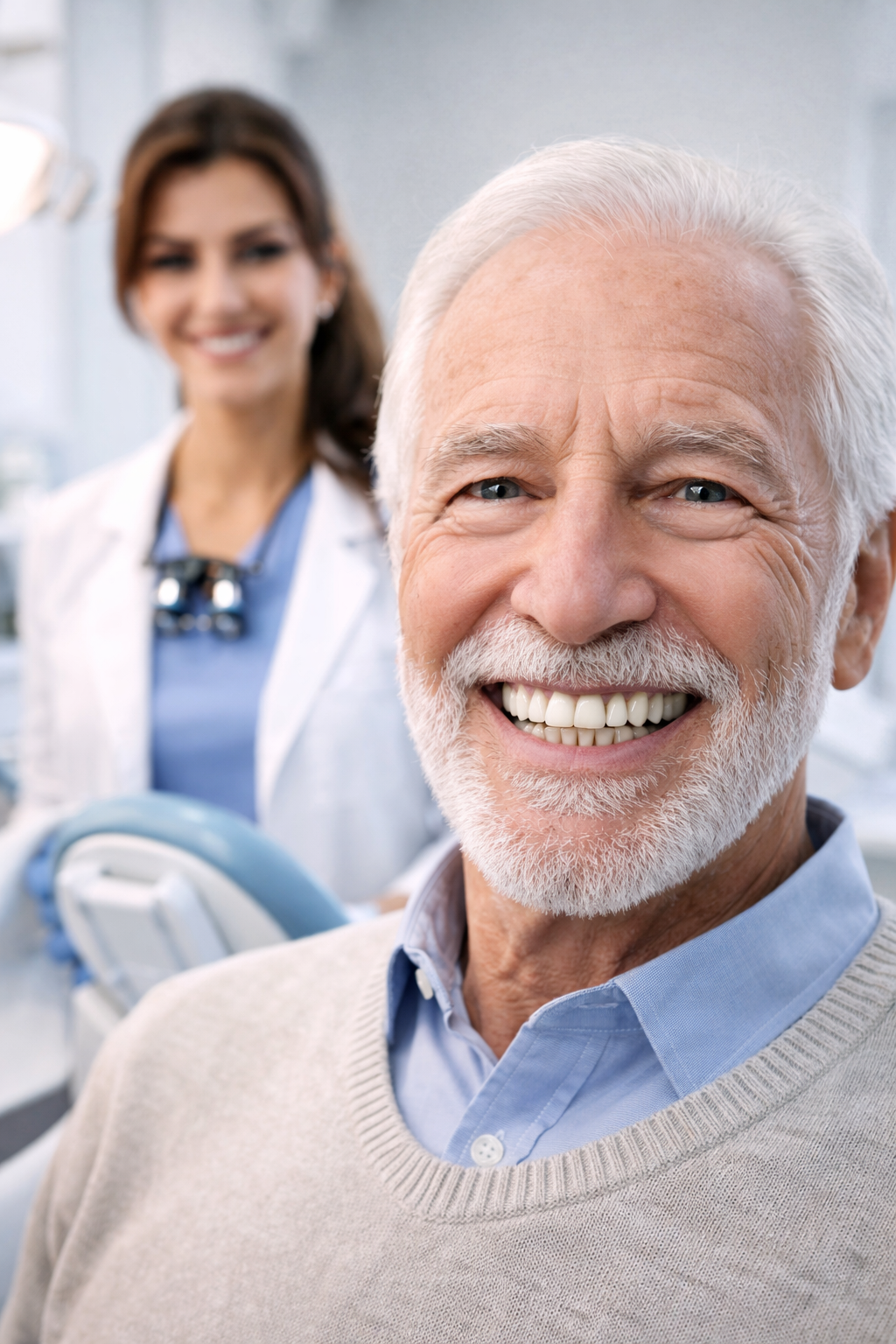 patient senior souriant apres pose d implants dentaires avec dentiste en cabinet dentaire