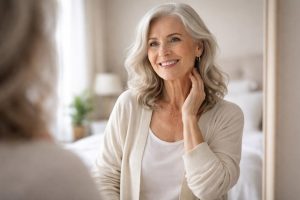 femme-senior-souriante-miroir-chambre