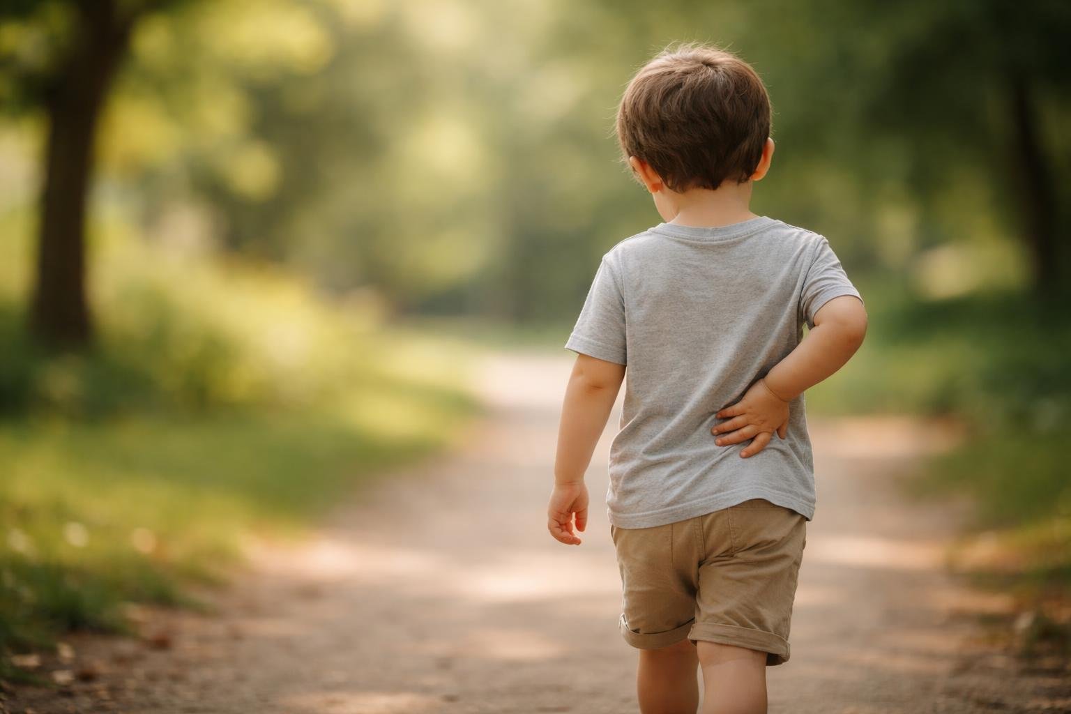 enfant-dos-marche-jardin-paisible