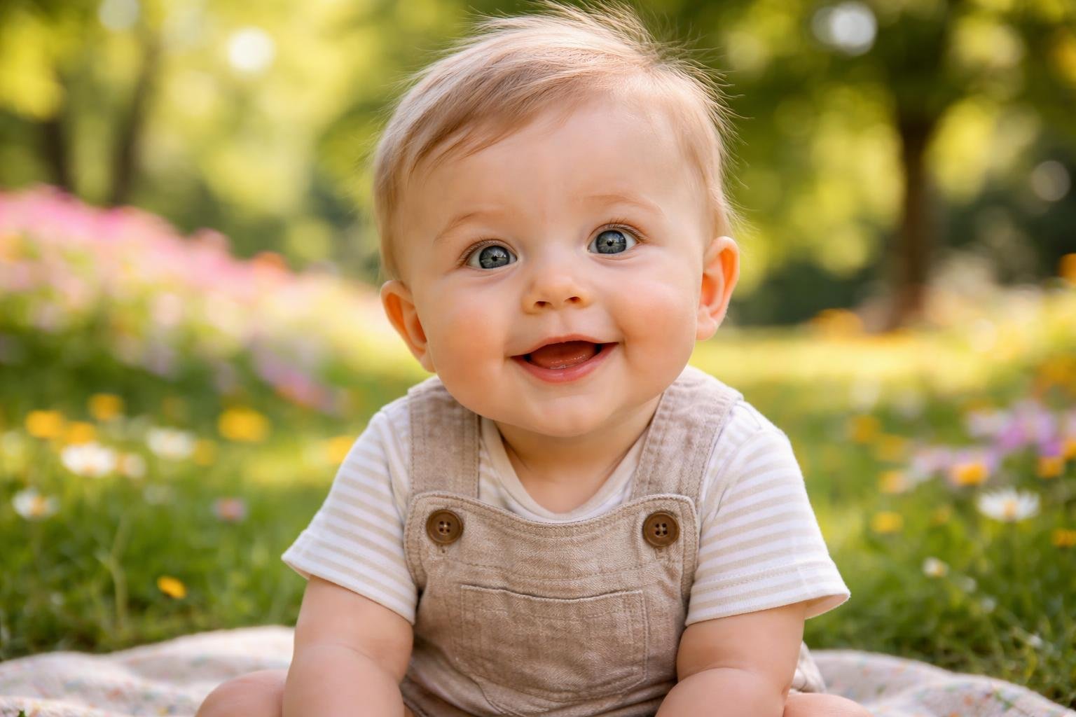 bebe-souriant-parc-fleurs-arbres